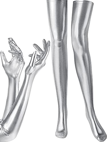 SATINIOR Womens Carnival Halloween Costume Elastic Spandex Shiny Wet Long Gloves and Thigh High Stockings(Silver)