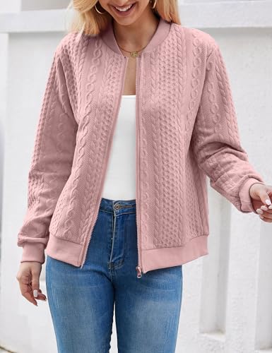 Image of WROLEM Women's Zip Up Cardigan Sweater Cable Hoodies Long Sleeve Jacket Outfits Crewneck Casual Coat