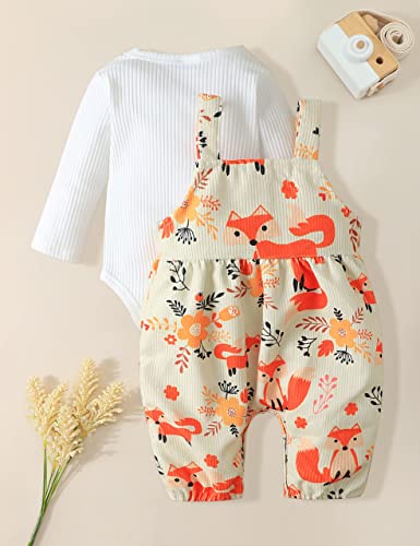 Lysink Newborn Baby Girl Clothes Solid Ribbed Long Sleeve Romper + Corduroy Overalls Pants Set Infant Fall Winter Outfits (Fox-A, 0-3 Months) #TOP1