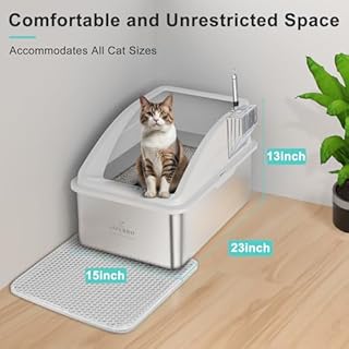 Stainless Steel Litter Box | XXL Deepened 8" Design Enclosed Box with Lid for Big Cats | High Sided, Anti-Urine Leakage | Non-Stick Bottom & Includes Litter Mat & Metal Scoop
