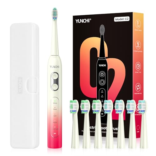 YUNCHI Cepillo de dientes eléctrico C2 para adultos y niños, cepillo de dientes sónico recargable USB-C con 5 modos y temporizador inteligente de 2 minutos, cerdas suaves, 8 cabezales de cepillo y
