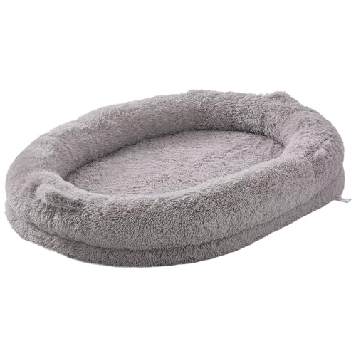 VEVOR Cama para Personas y Mascotas 182 x 122 x 25 cm Cama Grande Ovalada para Perros de Tamaño Humano con Funda de Terciopelo PV Lavable Espuma de Panal, Bolsillo de Almacenamiento, Gris Claro