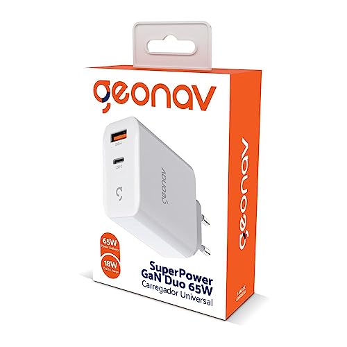 Geonav Carregador Universal SuperPower GaN Duo, 65W, 1 USB-A e 1 USB-C, tecnologias Quick Charge, Po