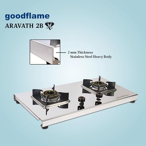 Image of goodflame Aravath 2 Burner Stainless Steel Gas Stove for Kitchen | Heavy 2MM SS Body | Brass Burners | 2 Year Warranty | ISI Certified | Manual Ignition | LPG Ready and PNG Compatible, (Silver)