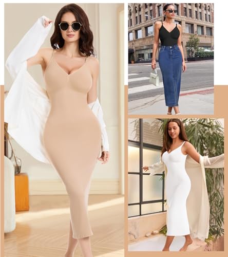 Image of Shapewear Slips For Under Dress Deep V Neck Tummy Control Long Full Slip Dresses for Women Body Shaper