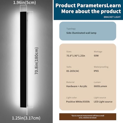 Image of 2 Pack 71inch Exterior Wall Light Fixture, 6000K Cold White Modern Long Outdoor Wall Sconce, IP65 Waterproof, 60W, Black Minimalist Outside LED Strip Lights for Garage, Patio, Balcony, Fence