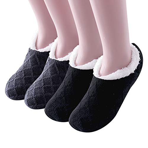 Ninecoo Women Winter Soft Thick Warm Cozy Fuzzy Fleece-Lined Christmas Grippers Slipper Socks Thermal Double Layer Ankle (Black/Grey)