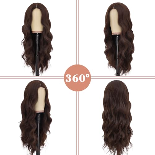 Image of NAYOO Chocolate Brown Wig for Women, 26 Inch Middle Part Wavy Synthetic Wig