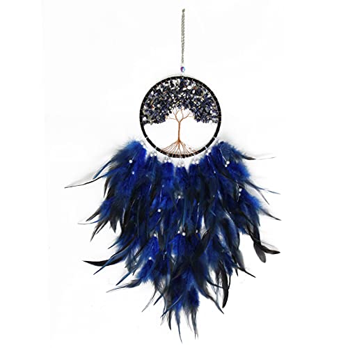 Pretty Jolly Fairy Blue Tree of Life Dream Catcher Wall Decor with Healing Crystal Stone Handmade Feather Dream Catchers Decoration Wall Hanging Bedroom Living Room Wedding Party Home Decor-25.6"