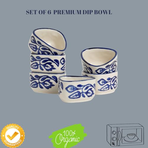 Image of Handpainted Floral Studio Pottery Ceramic Dip Bowl /Chutney Bowl /Pickle Bowl /Sauce Bowl /Small Katori Set | Triangle Shape |(50 ML, Small, Set of 6, Blue and White)