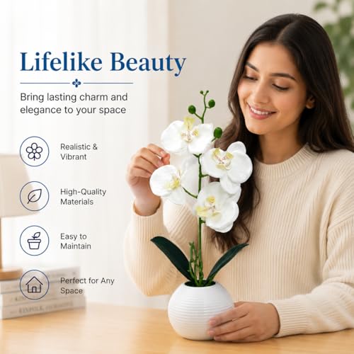 Image of CURATED CART Artifical Orchid Flower Pot, White Flower with Vase, Ideal for Home Decor, Office Decor, Gifting, 4 Flower Heads, Size 36 x 9cm