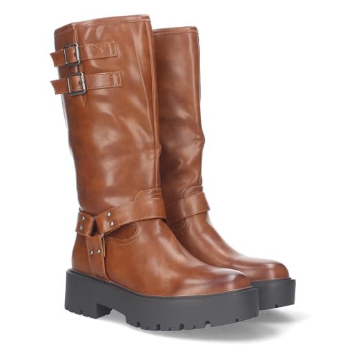 79601 Botas Moteras con Tacon Bajo y Plataforma, Adorno al Tono en el Tobillo y Cana de 30,5cm con 2 Hebillas y Cierre de Cremallera Otono e Invierno Camel Talla 38