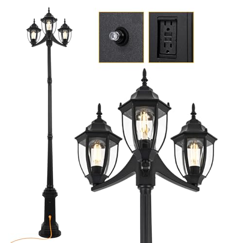 odorpower 3-Head Outdoor Post Lights 84 Dusk to Dawn Sensor Pole Lamp Waterproof Floor Lamps Outlet Gfci Pathway Lights for Garden Lawn Yard