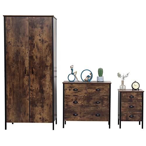 Ensemble de meubles de chambre à coucher modernes 3 pièces avec armoire, table de chevet et commode, cadre en métal couleur brûlée, assemblage requis,...