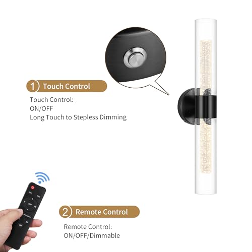 Battery Operated Wall Sconce Set of 2, Black Rechargeable Wireless Sconces 10000mAh 3000K/4500K/6000K Timer Function Battery Operated Wall Light with Remote Control for Living Room Bedroom