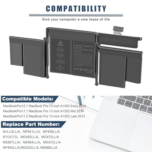 Image of ASUNCELL A1502 A1582 Laptop Battery for MacBook Pro 13 inch Retina [ Early 2015, Mid 2014, Late 2013] A1493 11.42V 74.9Wh