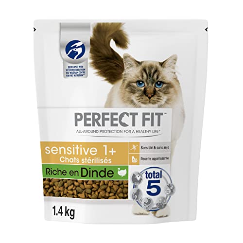 PERFECT FIT Croquettes pour Chat Sensible Stérilisé Riche en Dinde  - Lot de 5 Sacs 1,4kg - Nourriture Complète & Equilibrée, Repas pour Chat Sensible, Recette Appétissante, Digestion Optimale