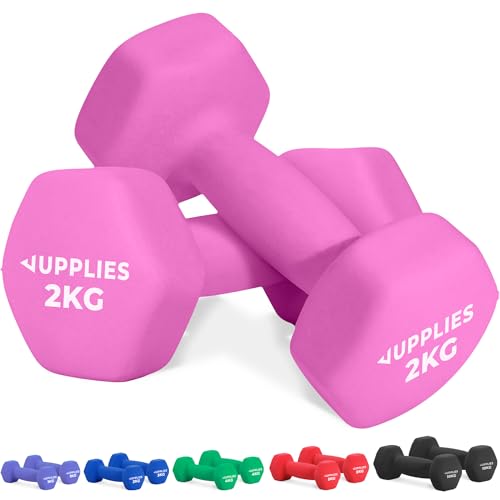 JUPPLIES Juego de Pesas y Mancuernas de Neopreno 1Kg/2Kg/ 3Kg/ 4Kg/ 5Kg/10Kg (Pares) - Diseño compacto, Anti-Rodamiento y Antideslizantes - Entrenamiento en Casa (Rosa - 2 x 2 kg)