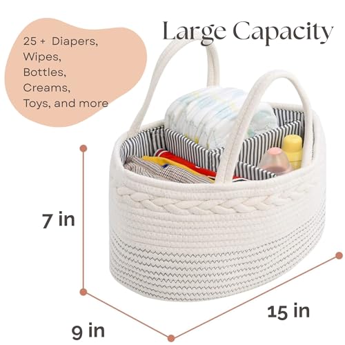luxury little Diaper Caddy Organizer, Large Cotton Rope Nursery Baby Basket, Changing Table Organizer for Baby Diaper Storage, Portable Car Organizer Removable Divider (Off White, Large)