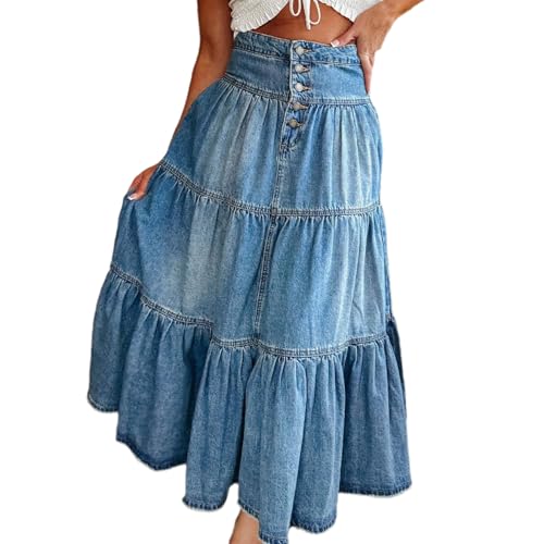 Conshvi Womens Retro Denim Skirt High Waist Frayed Hem Pleated A-Line Long Jean Skirts3