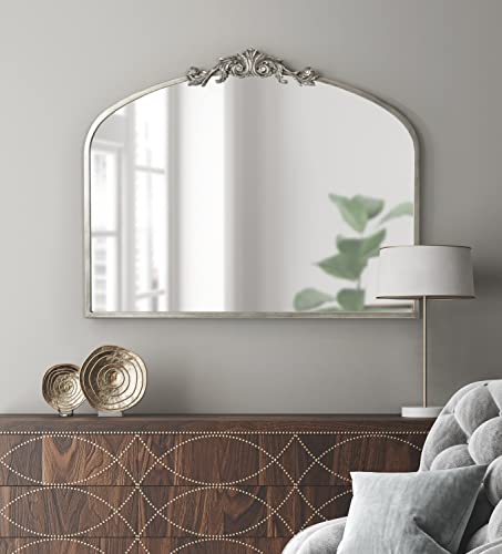 Image of Kate and Laurel Arendahl Ornate Traditional Arched Mirror; 36 x 29; Silver; Decorative Baroque Style Arched Wall Mirror with Wide Frame and Ornamental Crown