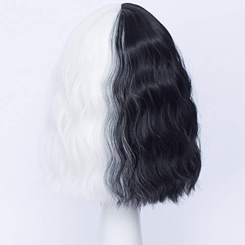 LABEAUTÉ Peruca preta e branca, peruca feminina curta e ondulada resistente ao calor comprimento do