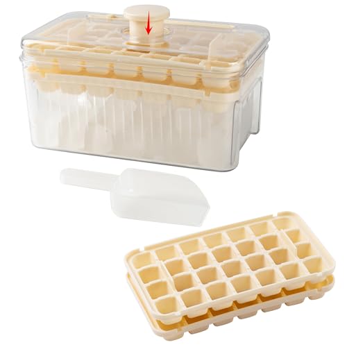 HKTLZNEI Ice Cube Tray with Lid and Bin, 56 Pcs Small Ice Cube Mold with Ice Scoop for Freeze, Upgraded One Button Release Ice Trays Kit with 2 Trays for Whiskey, Cocktail, Juice and Chidren's DIY -  ZYDS001-A