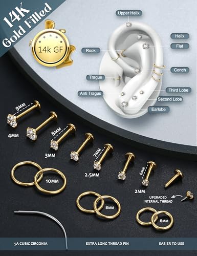14K Gold Filled Flat Back Stud Earrings for Women Men - 18G 16G Hypoallergenic Surgical Steel Nose Studs Hoops Internal Thread CZ Studs for Cartilage Conch Tragus Helix Piercing Jewelry2