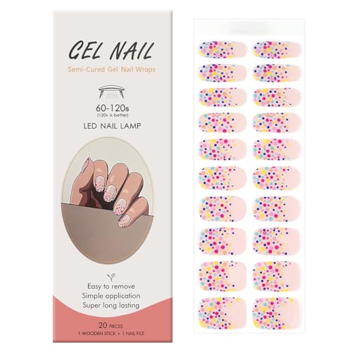 Ceboic Gel Semicurado de Pegatinas, 20Pcs Autoadhesivas Tiras de Uñas de Gel, Pegatinas Esmalte de Uñas Envoltura Completa, Gel Nail Stickers con Lima de Uñas y Palito de Madera (Funfetti)