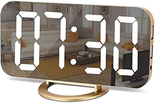 SZELAM Digital Alarm Clock,LED and Mirror Desk Clock Large Display,with Dual USB Charger Ports,3 Levels Brightness,12/24H,Modern Electronic Clock for Bedroom Home Living Room Office - Gold