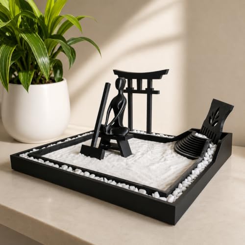 Image of Desktop Zen Garden Set, Japanese Style Meditation Sand Garden in Black PLA with mini Torii Gate and Rake, Table Decor