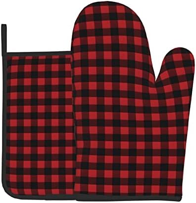 Red Black Buffalo Check Plaid Pattern Print Oven Mitts Pot Holders Sets Heat Resistant Non Slip Kitchen Gloves Hot Pads for Cooking BBQ Baking Grilling
