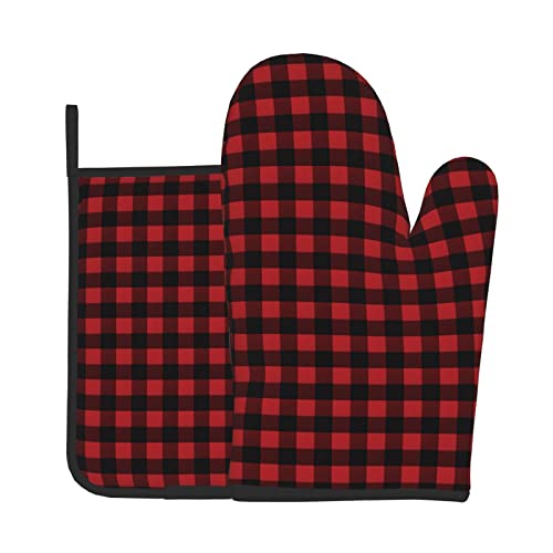 Red Black Buffalo Check Plaid Pattern Print Oven Mitts Pot Holders Sets Heat Resistant Non Slip Kitchen Gloves Hot Pads For Cooking Bbq Baking Grilling #TOP3