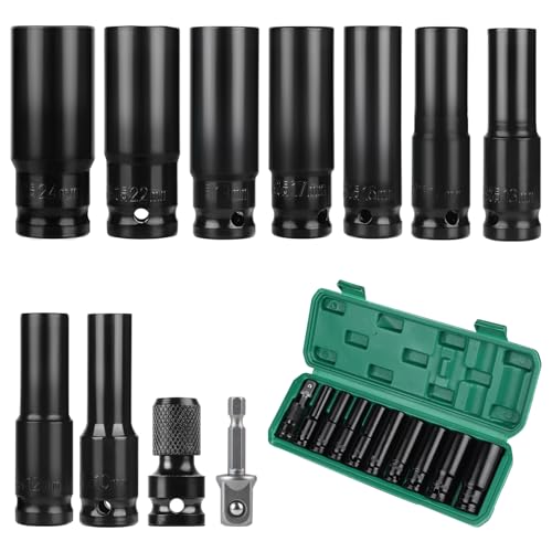 CPROSP 11x Llaves de Vaso Impacto Profundo de 1/2' con Caja, 10, 12, 13, 14, 16, 17, 19, 22, 24 mm, Con adaptador de enchufe y alargadera