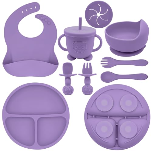 Image of Munlinder Silicone Baby Feeding Set | Baby Led Weaning Supplies Includes Suction Bowls and Divided Plates, Adjustable Bib, Baby Utensils Spoons and Forks,Cup | Baby Feeding Essentials (Purple)