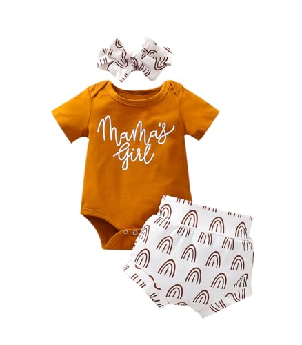 Image of Newborn Infant Baby Girl Outfit 3pcs Letter Print Western Clothes Sets Short Sleeve Tassel T-Shirts Shorts (Orange-Mama's Girl,3-6 Months)