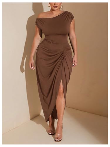 Image of Floerns Women's Plus Size Asymmetrical Neck Long Dress Ruched Slit Hem Cocktail Dress