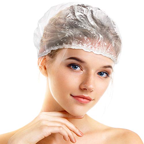 200 Pieces Disposable Shower Caps Elastic Bouffant Hats Plastic Hair Caps Multi-Functional Bath Caps for Women Men Home Hotel Salon Travelling Spa Favors (Transparent)