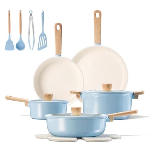 CAROTE 16pcs Ceramic Cookware Set, Pots and Pans Non Stick Kitchen Cookware Sets, Pots and Pans Set Cooking Set with Knife Set