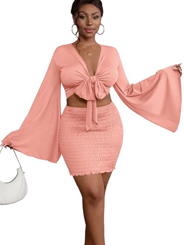 Image of LYANER Women 2 Piece Vacation Outfits Tie Knot Front Bell Long Sleeve Crop Top and Mini Skirt Summer Set