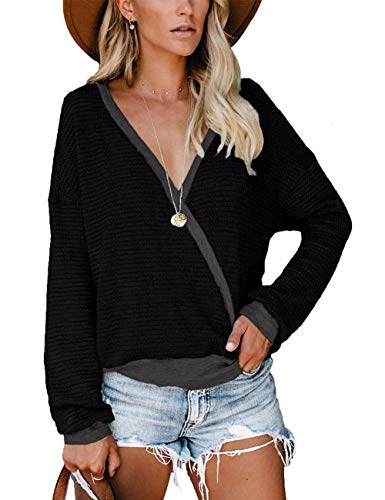 Black Sweaters for Women Long Sleeve Waffle Knit Shirts Sexy Deep V Neck Nursing Tops M