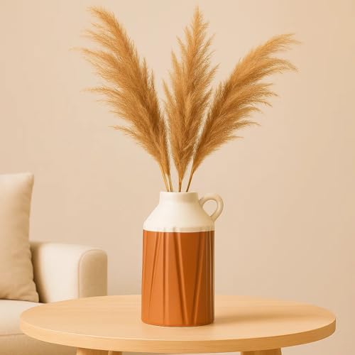 Image of SPHINX Handmade Ceramic Flower Vase - Vintage Dual-Tone Farmhouse Vase - Rustic Ribbed Texture Boho Decor Pampas Grass Vase, Artisanal Home Decor (Vase Only) (Jug Shaped- 8 Inch)