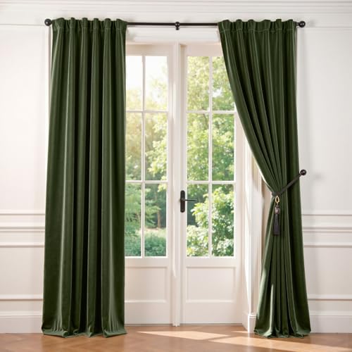 Image of Lazzzy Velvet Blackout Curtains Thermal Insulated Room Window Drapes Super Soft Luxury Curtains for Living Room Bedroom Rod Pocket 2 Panels, Moss, 42 inch W x 84 inch L