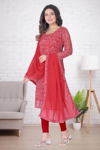 Image of Women's Printed Kurti with Georgette Dupatta, Full Inner Lining, Lightweight Ethnic Set