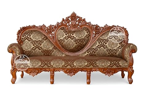 Image of Royal Carved Wooden Sofa Set | 3+1+1 Seater | Antique with Floral Tufted Velvet Upholstery With Carving Center Table| Victorian Style Furniture Tufted Sofa Set Brown 4-Piece (Design 4)