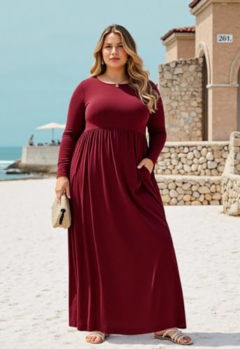Image of Nemidor Plus Size Maxi Dress for Curvy Women Fall Casual Loose Long Sleeve Dresses with Pocket 14-26
