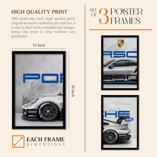 Image of ARTELLY Big Porsche 911 GT3rs Sports Car Framed Wall Posters, Set of 3, Premium Framed Painting, Living Room Bedroom Decoration, Large Size Gift Item for Boys Room Decor (Porsche 1, 13x19 inch)