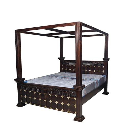 Image of Sheesham Wood Queen Size Pillar Poster Bed ‎Without Storage for Bedroom Living Room Solid Roosewood Wooden Cot Furniture Palang for Home (Walnut Finish)