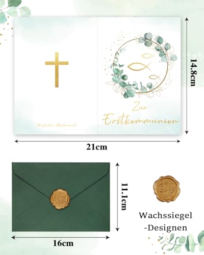 Erstkommunion Karte, Eukalyptus Kommunionkarten Set Glückwunsch mit Umschlag und Wachssiegel, Karte Kommunion Mädchen Junge - Zur Erstkommunion