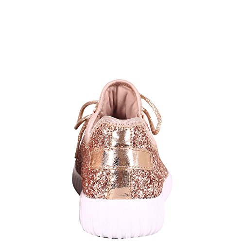 Forever Link Womens Closed Round Toe Sparkling Glitter Lace up Fitness Trainer Gym Fashion Sneakers 8.5 Rose Gold